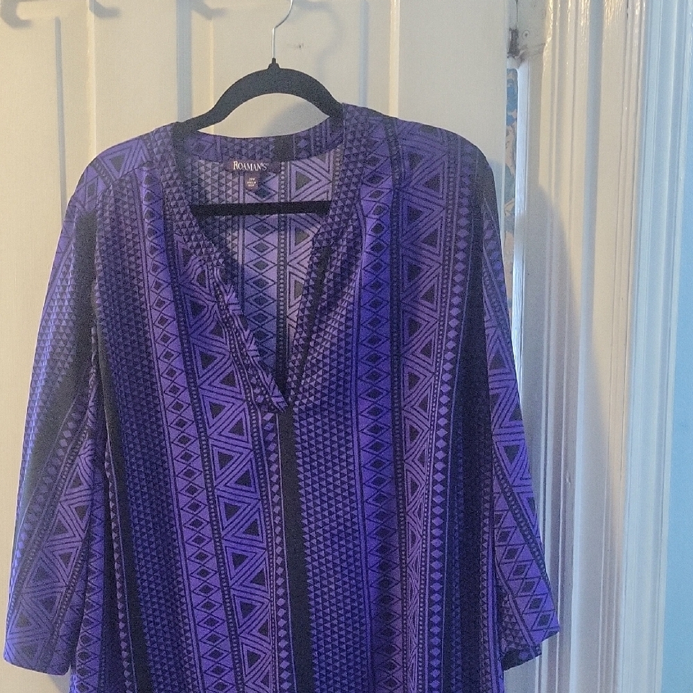 Roaman's Purple and Black Geometric Blouse
